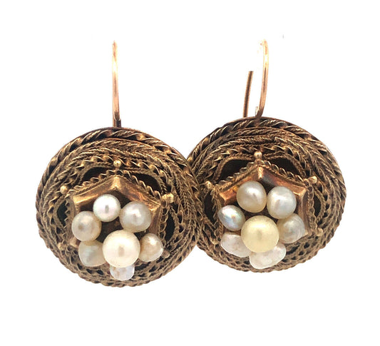 Mid Century 14K Yellow Gold Pearl Cluster Bird Nest Statement Drop Earrings
