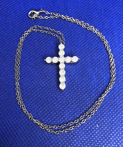 Estate Cubic Zirconia CZ Silver Tone Cross Pendant Necklace