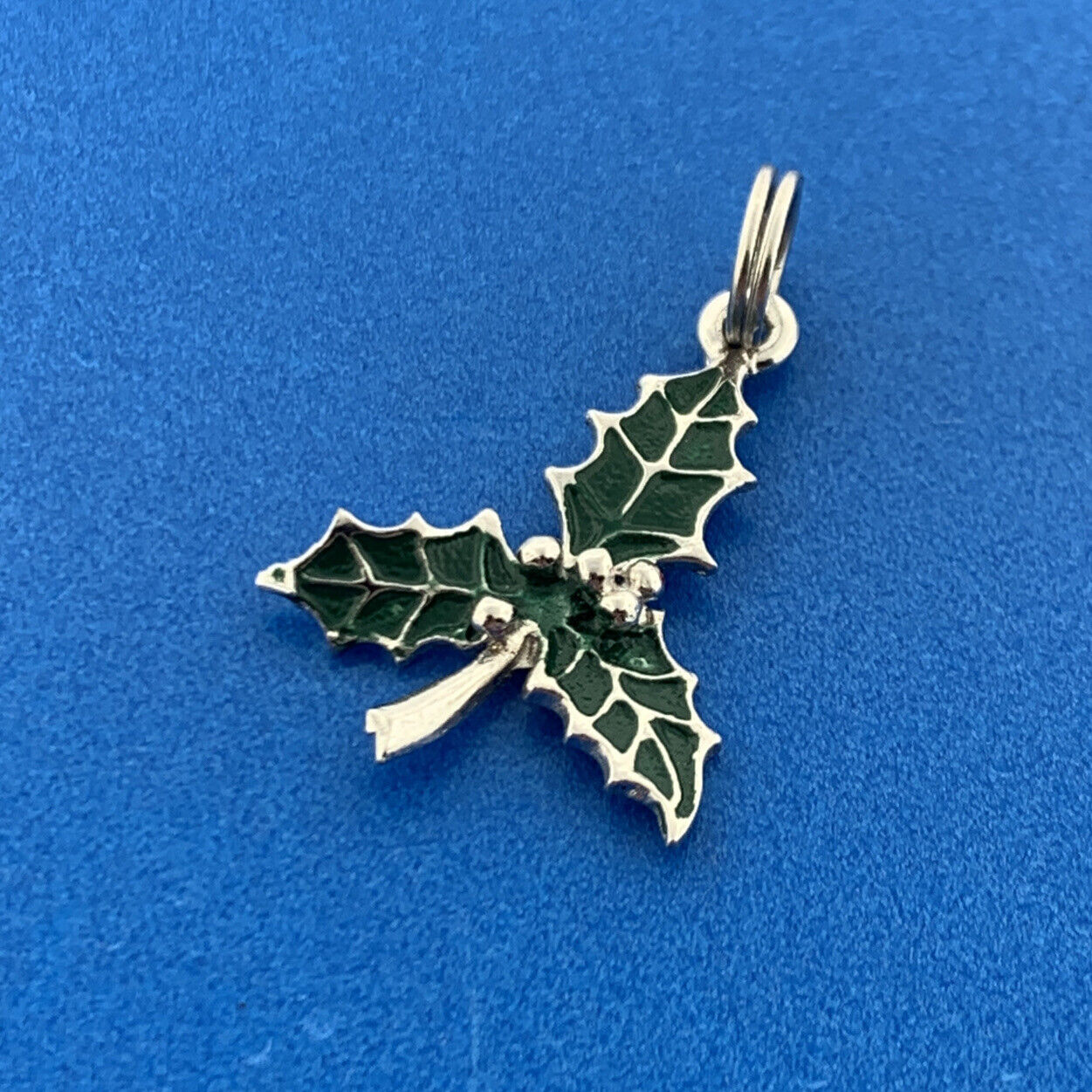 Vintage 925 Sterling Silver Green Enamel Holly Leaf Christmas Pendant Charm