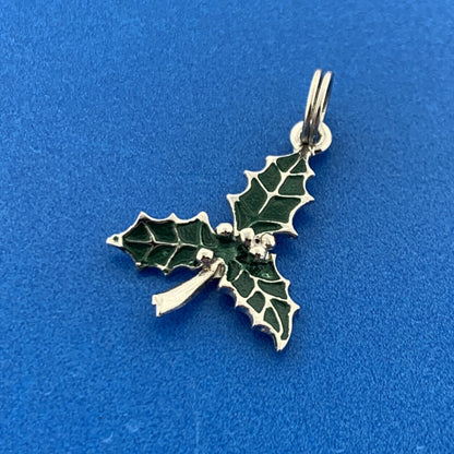 Vintage 925 Sterling Silver Green Enamel Holly Leaf Christmas Pendant Charm