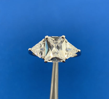 Designer 925 Sterling Silver Emerald Cut Cubic Zirconia Triangle Accented Ring