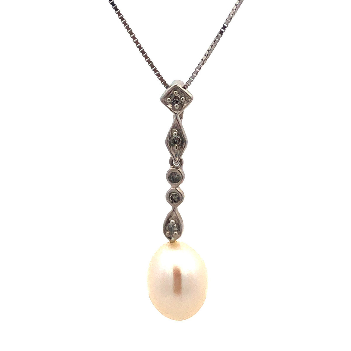 Designer AJ 14K White Gold Diamond Pearl Bridal Pendnat June Wedding Necklace