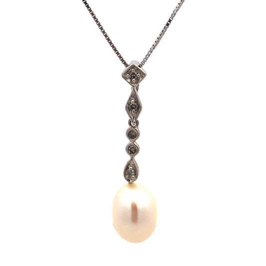 Designer AJ 14K White Gold Diamond Pearl Bridal Pendnat June Wedding Necklace
