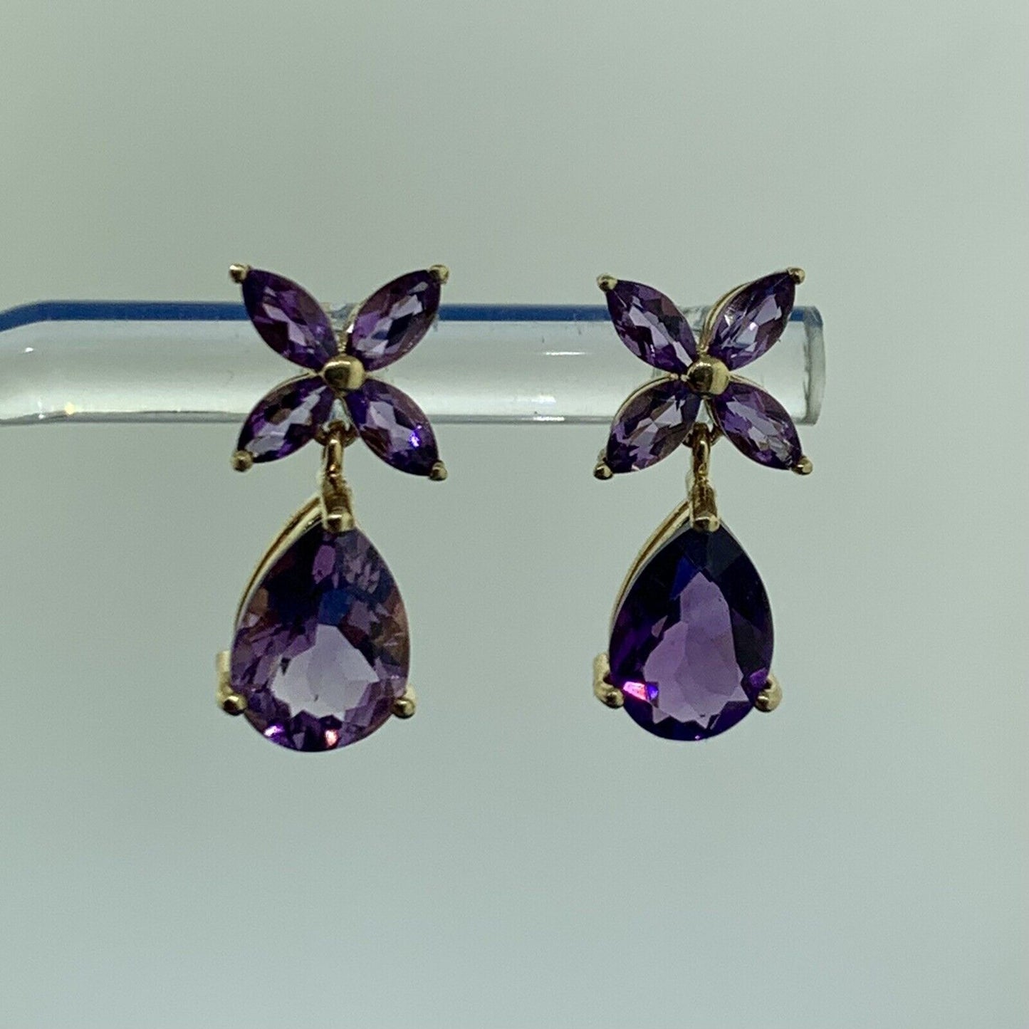 Designer Mexico 14K Yellow Gold Amethyst Dangle Drop Floral Flower Stud Earrings