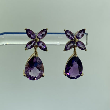 Designer Mexico 14K Yellow Gold Amethyst Dangle Drop Floral Flower Stud Earrings