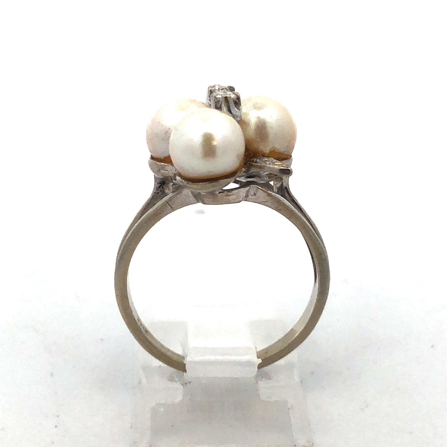 14K White Gold Pearl Diamond Cluster Bridal Anniversary Birthday Cocktail Ring
