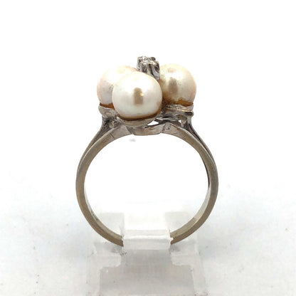 14K White Gold Pearl Diamond Cluster Bridal Anniversary Birthday Cocktail Ring