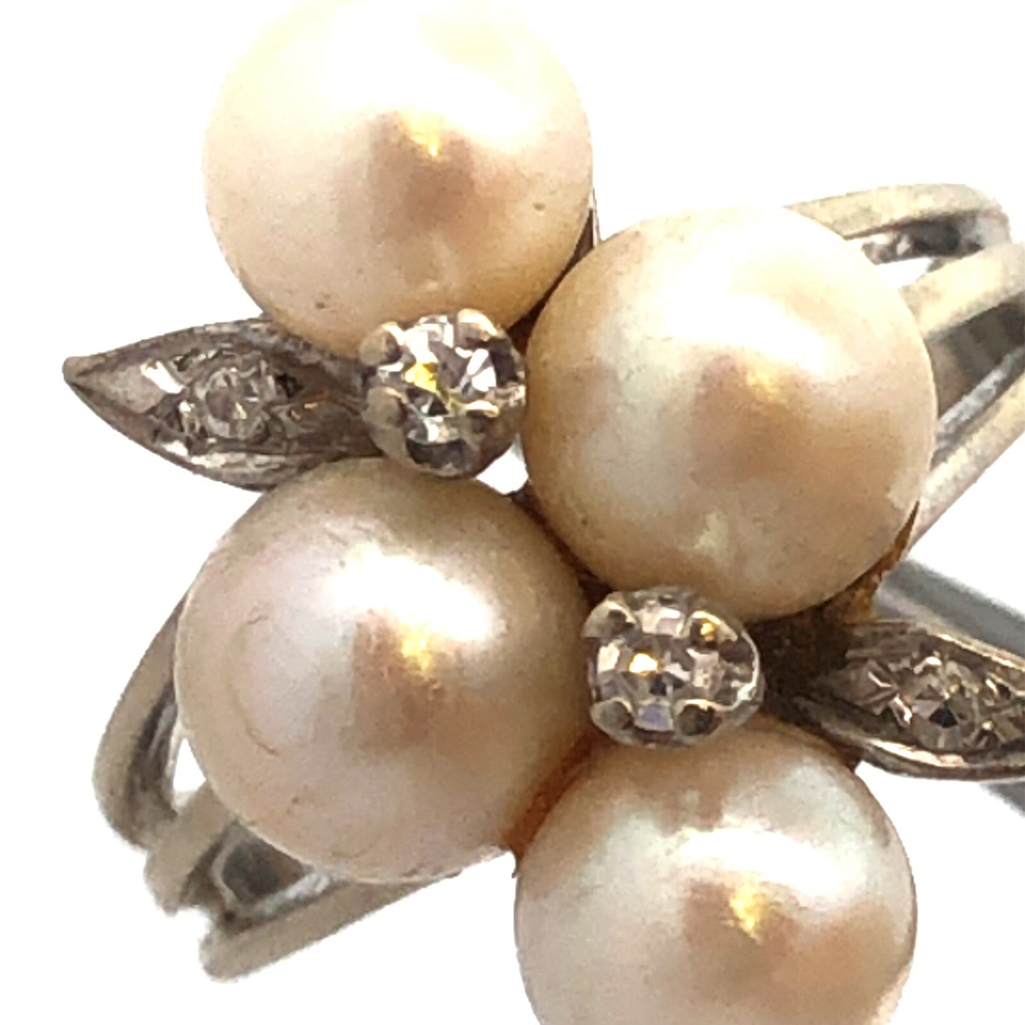 14K White Gold Pearl Diamond Cluster Bridal Anniversary Birthday Cocktail Ring