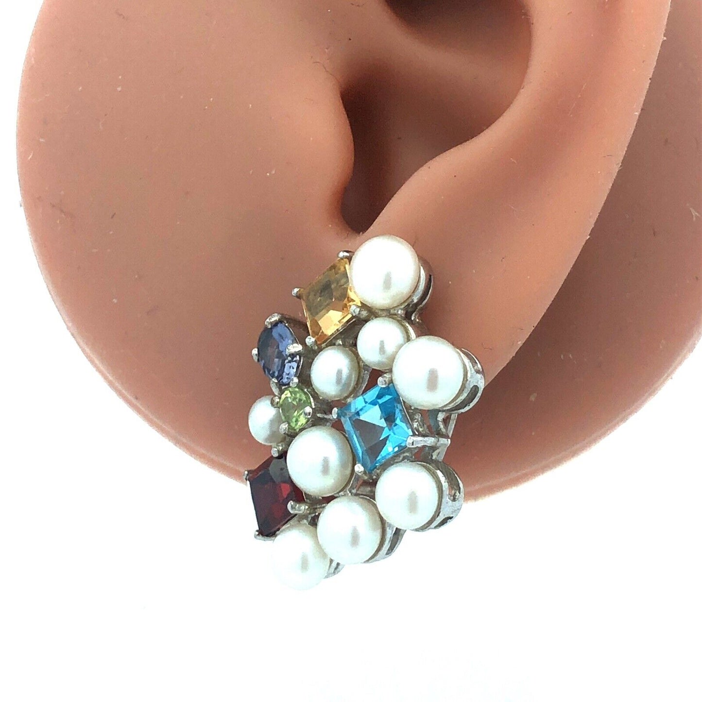 Ross Simons 925 Sterling Silver Pearl Multi Gemstone Cluster Stud Earrings