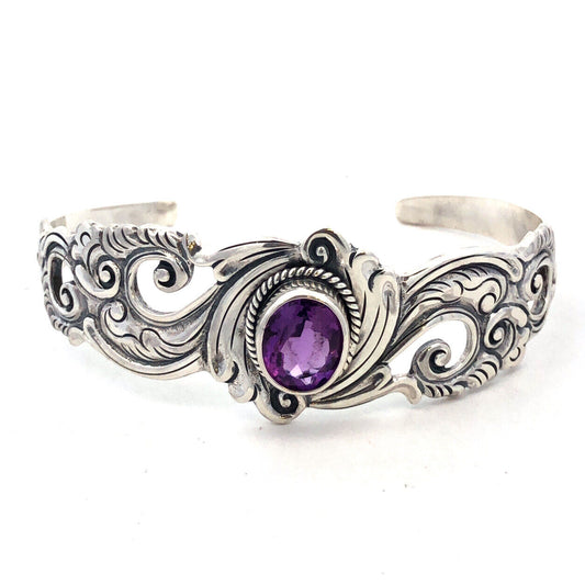 Vintage 925 Sterling Silver Oval Amethyst Floral Scroll Open Cuff Bracelet
