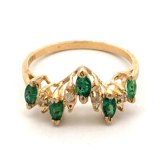 Estate 14K Yellow Gold Marquise Emerald Diamond Stacking Band Ring