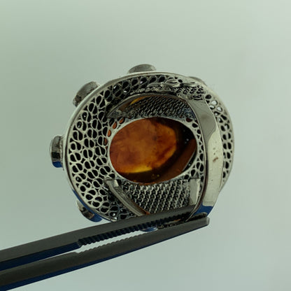Designer 925 Sterling Silver Amber Cabochon Amethyst Accented Statement Ring
