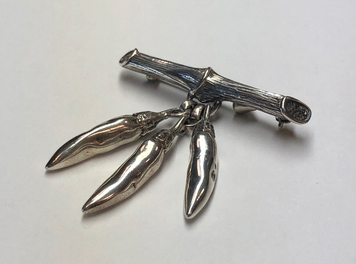 Vintage Mignon Faget Sterling Silver Bamboo Chili Peppers Charm Pin Brooch Rare