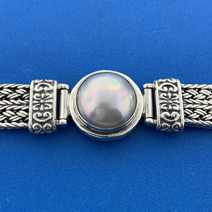 Designer Sterling Silver Mabe Pearl Cabochon Balinese Style Statement Bracelet