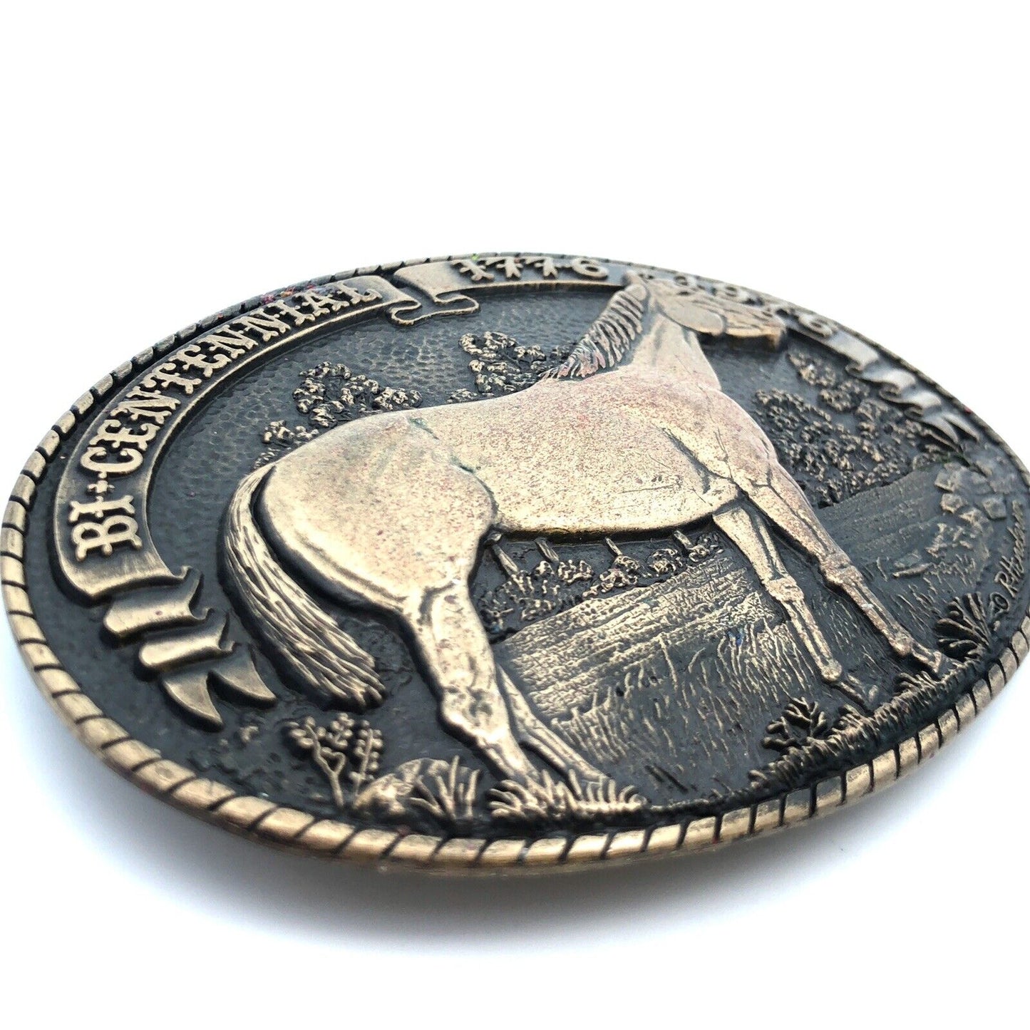 1976 Tony Lama Bicentennial Quarter Horse Oval Limited Edition Brass Belt Buckle