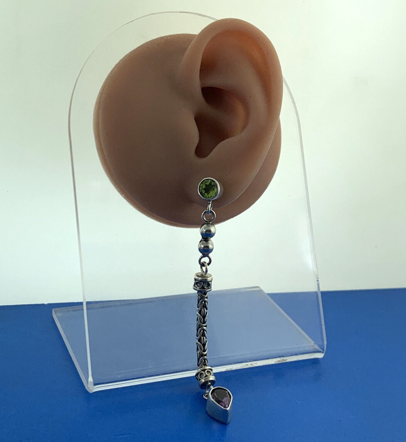 Peridot and Amethyst 925 Sterling Silver Round Chain Dangle Stud Earrings