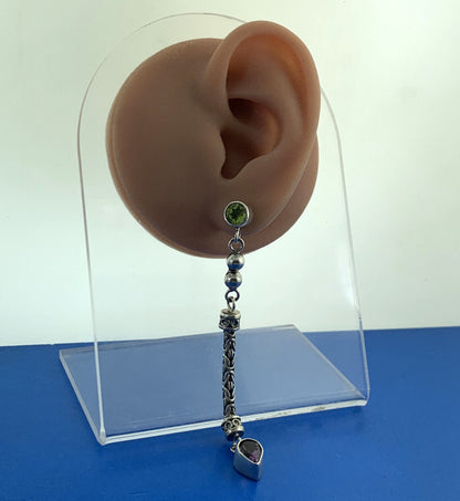 Peridot and Amethyst 925 Sterling Silver Round Chain Dangle Stud Earrings