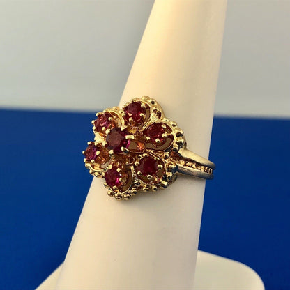 Perfect 14K Yellow Gold Ruby Flower Cluster July Anniversary Sweetheart Ring