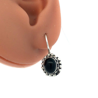 Vintage 925 Sterling Silver Oval Black Onyx Beaded Detail Dangle Hook Earrings