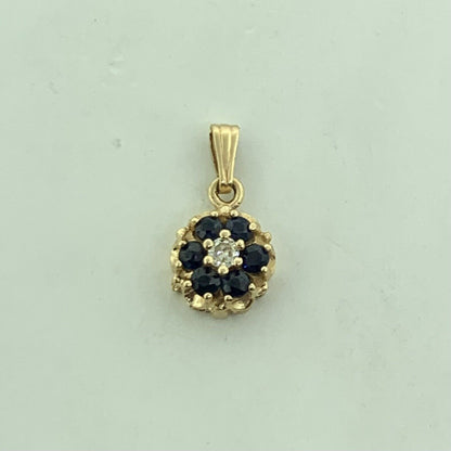 14K Yellow Gold Blue Sapphire Diamond Accented Floral Petite Charm Pendant
