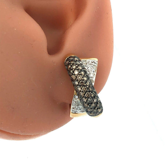 Designer 14K Yellow Gold Diamond Chocolate Vanilla Crossover Half Hoop Earrings