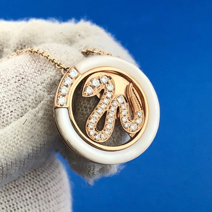Designer CMG 18K Rose Gold Diamond Mother Of Pearl Snake Disc Pendant Necklace