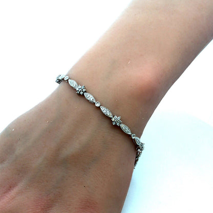 Designer 14K White Gold Round Diamond Flower Floral Textured Tennis Bracelet