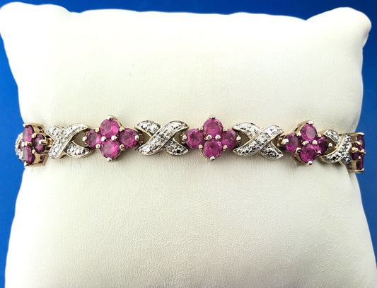 Designer 925 Sterling Silver Pink Spinel X O Floral Two Tone Tennis Bracelet