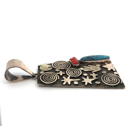 Alex Sanchez Navajo Sterling Silver Turquoise Coral Petroglyph Enhancer Pendant