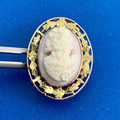 Victorian Carved Pink Cameo 10K Rose & Yellow Gold Border Leaves Brooch Pendant