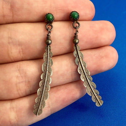 Artisan 925 Sterling Silver Green Onyx Feather Sun Catcher Drop Dangle Earrings
