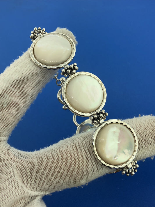 Designer Sterling Silver Mother Of Pearl Disc Panel Statement Toggle Bracelet