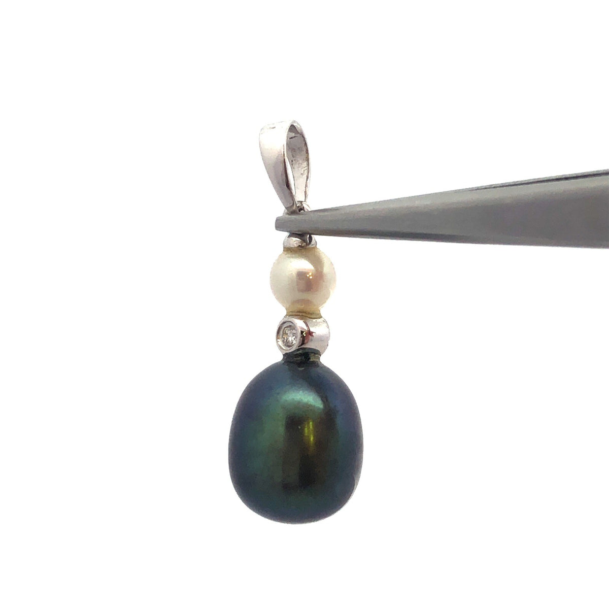Designer 14K White Gold Black White Pearl Diamond Accented Drop Dangle Pendant