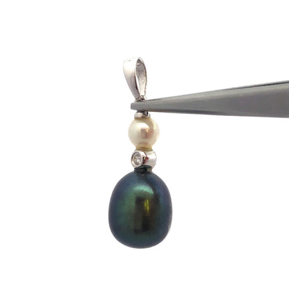 Designer 14K White Gold Black White Pearl Diamond Accented Drop Dangle Pendant