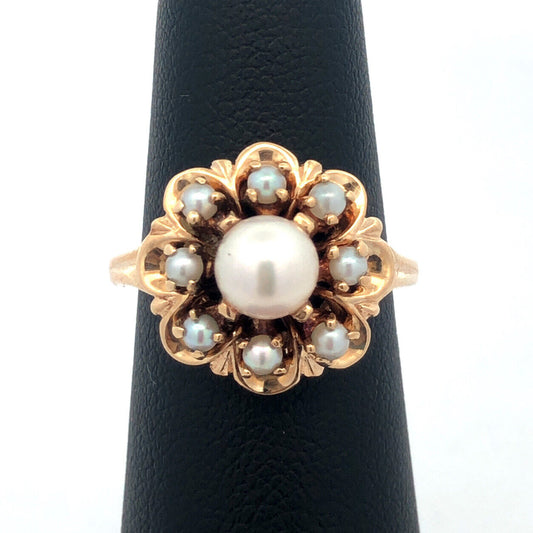Vintage 14K Yellow Gold Pearl Solitaire With Pearl Halo Anniversary Ring