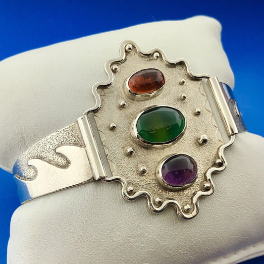 Native American Sterling Silver Amber Amethyst Green Tourmaline Cuff Bracelet