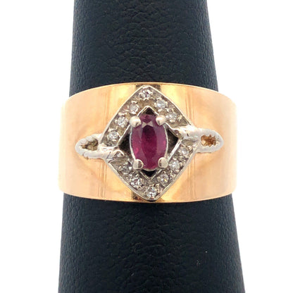 14K Yellow Gold Ruby Diamond Etruscan Style Tapered Cocktail Anniversary Ring