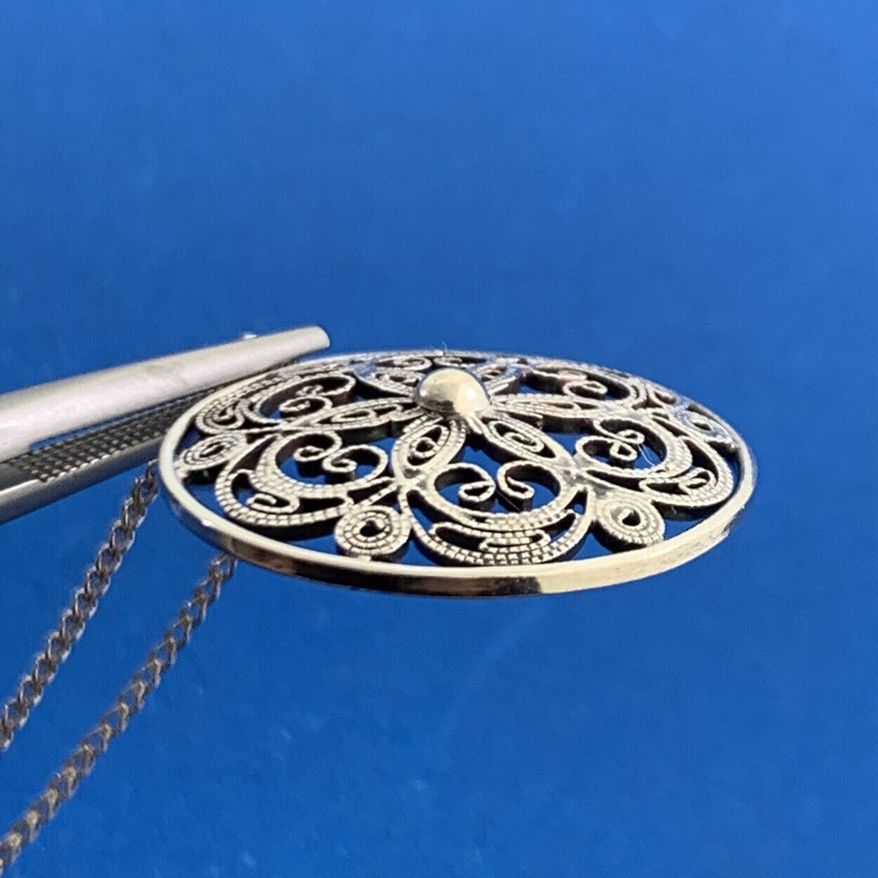 Vintage 835 Fine Silver Bead Scroll Floral Filigree Medallion Necklace