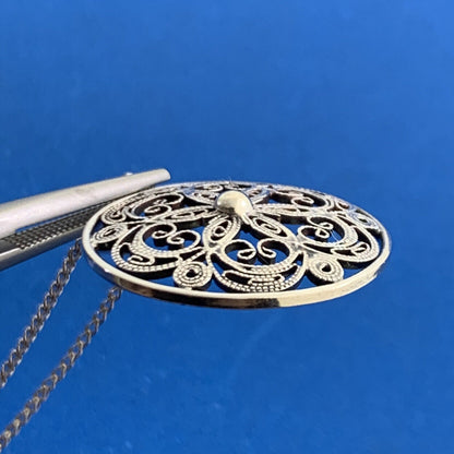 Vintage 835 Fine Silver Bead Scroll Floral Filigree Medallion Necklace