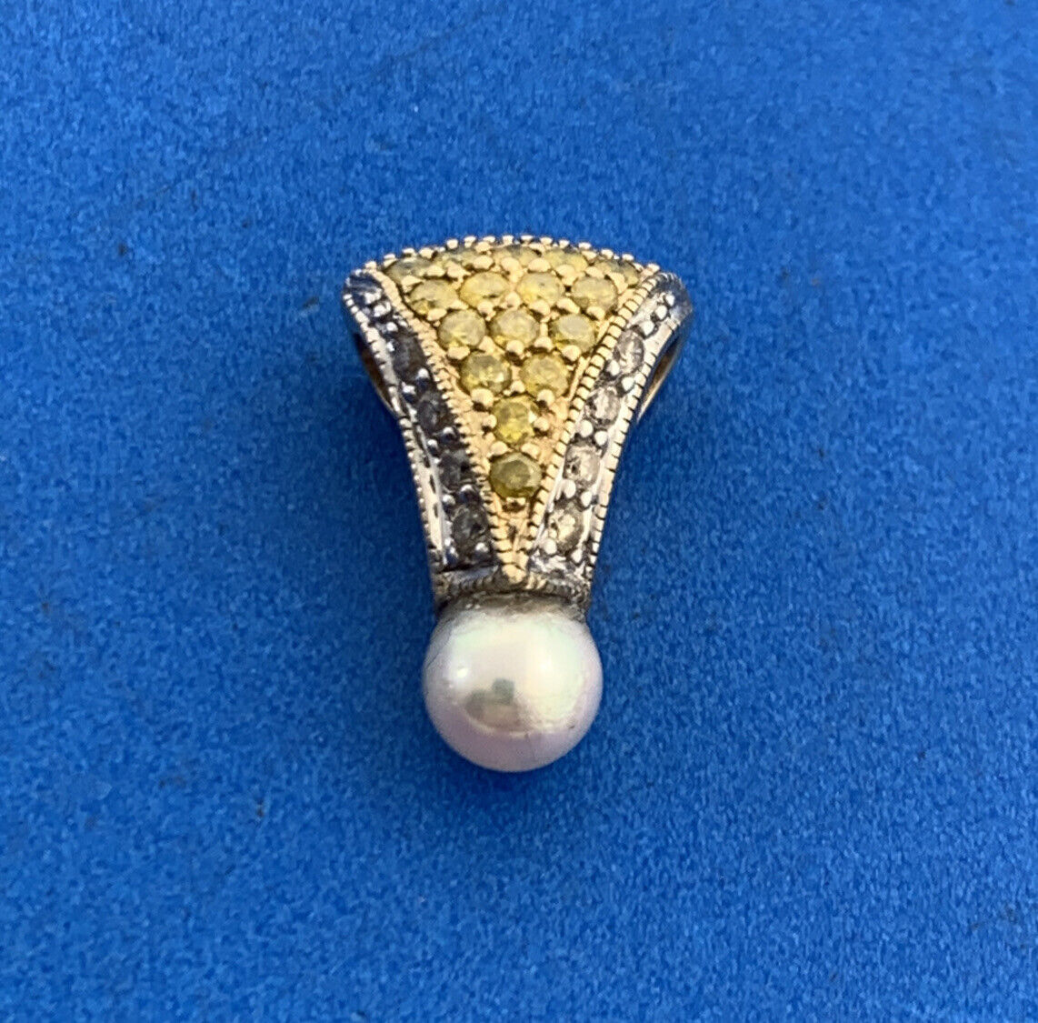 Designer 14K Yellow Gold Pearl Canary White Diamond Slide Pendant