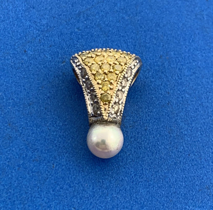 Designer 14K Yellow Gold Pearl Canary White Diamond Slide Pendant