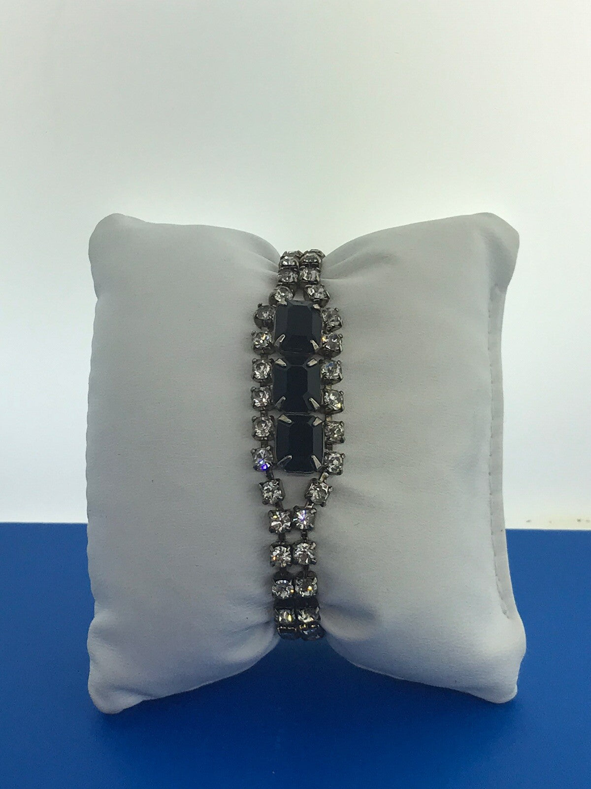 Vintage Silver Tone Rectangle Black Round White Rhinestone Runway Bracelet