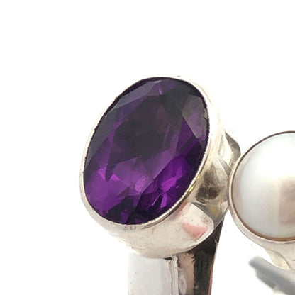 Designer LD 925 Sterling Silver Oval Purple Amethyst Pearl Bypass Ring