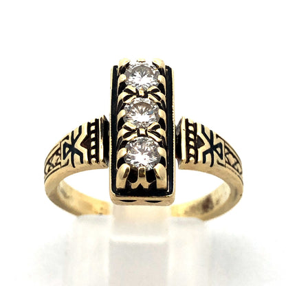 Custom Art Deco 14K Yellow Gold Diamond Trio Engagement Anniversary Ring