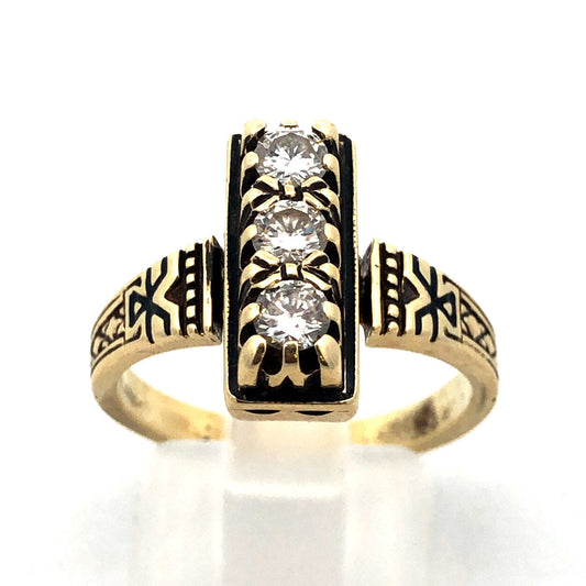 Custom Art Deco 14K Yellow Gold Diamond Trio Engagement Anniversary Ring