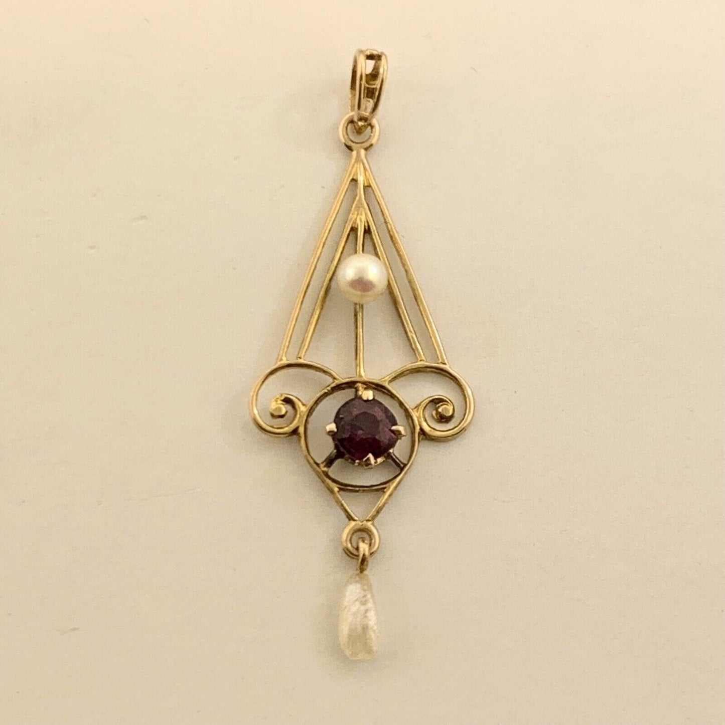 Vintage 10K Yellow Gold Amethyst Rice Pearl Dangle Filigree Swirl Pendant