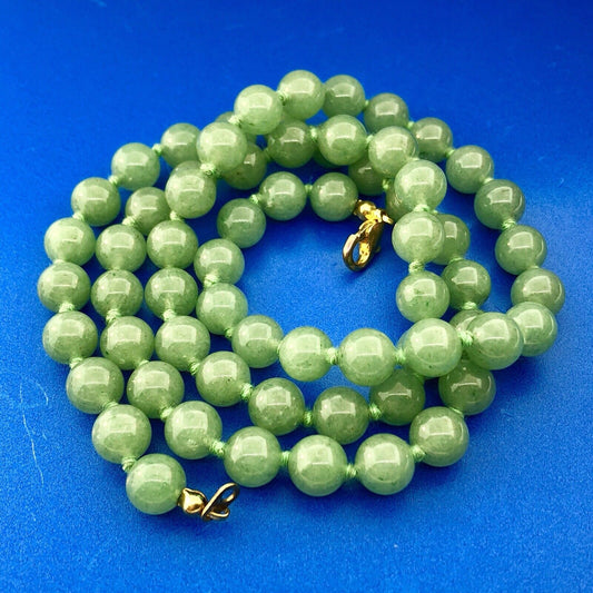 Vintage Gold Tone Hand Knotted Green Jade Jadeite Large Bead Necklace