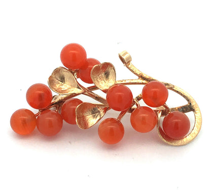Estate 14K Yellow Gold Carnelian Bead Berry Vine Statement Brooch Pin Pendant