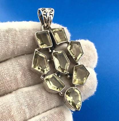 Retro Modernist 925 Sterling Silver Green Amethyst Multi Panel Chunky Pendant