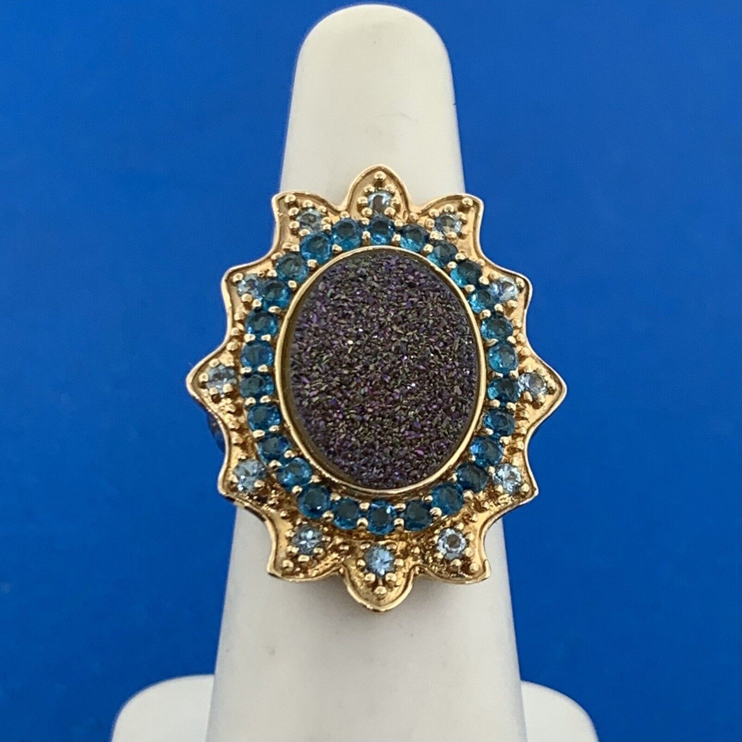 Designer 10K Yellow Gold Drusy Quartz Aquamarine CZ Statement Finger Ring